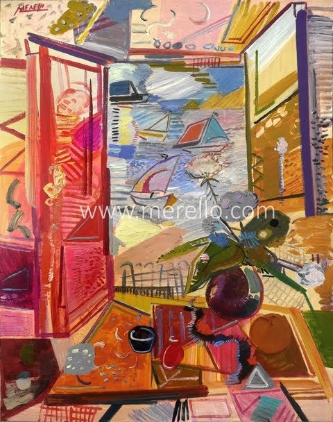 CONTEMPORARY-ART-LANDSCAPES-ARTWORKS-MODERN-PAINTINGS-MEDITERRANEAN-Jose Manuel Merello.-Veleros en la ventana mediterrÃ¡nea. Cabo de San MartÃ­n, JÃ¡vea.(92 x 73 cm) Mix media on canvas